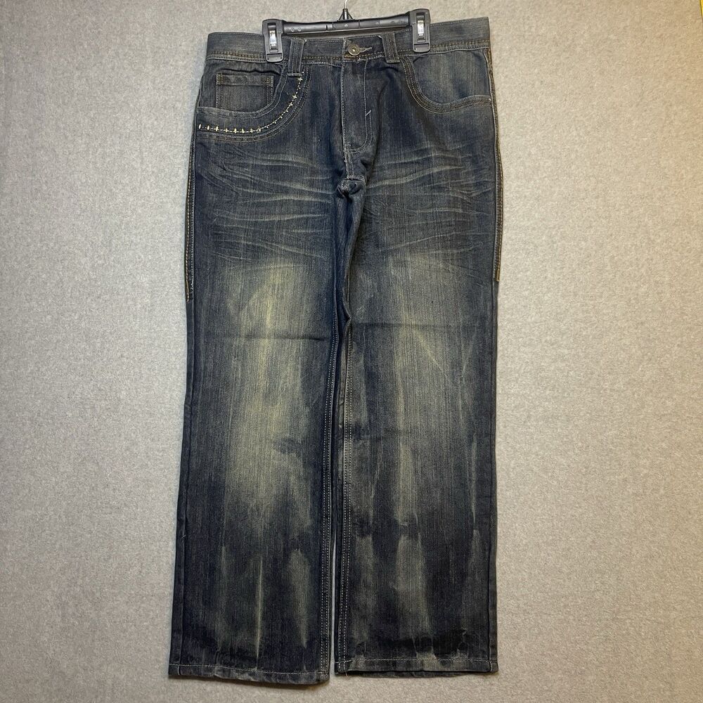 Epic Hero Jeans Straight Medium Wash Embroidered Studded Men  Y2K Skater Baggy